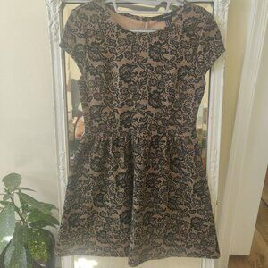 Floral Damask Printed Capped Short Sleeve Cocktail Dress Embroidered Look